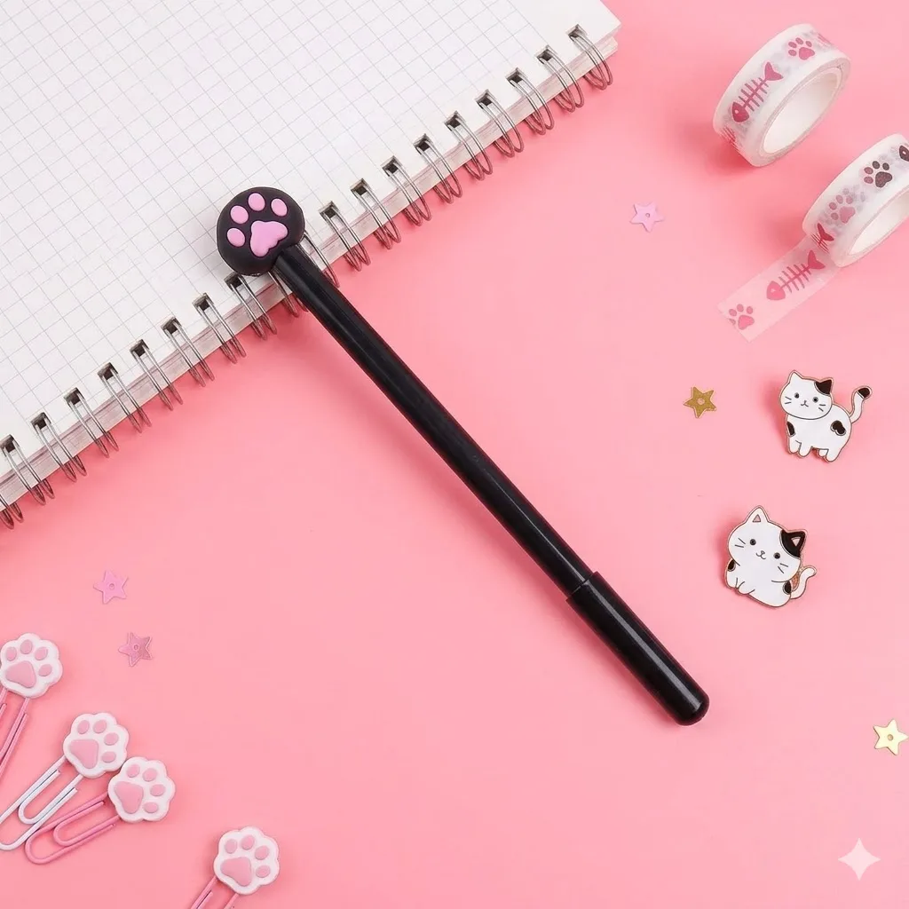 Lapicera Trazo Negro Diseño De Gatito Huella x 5 - Huella Negra