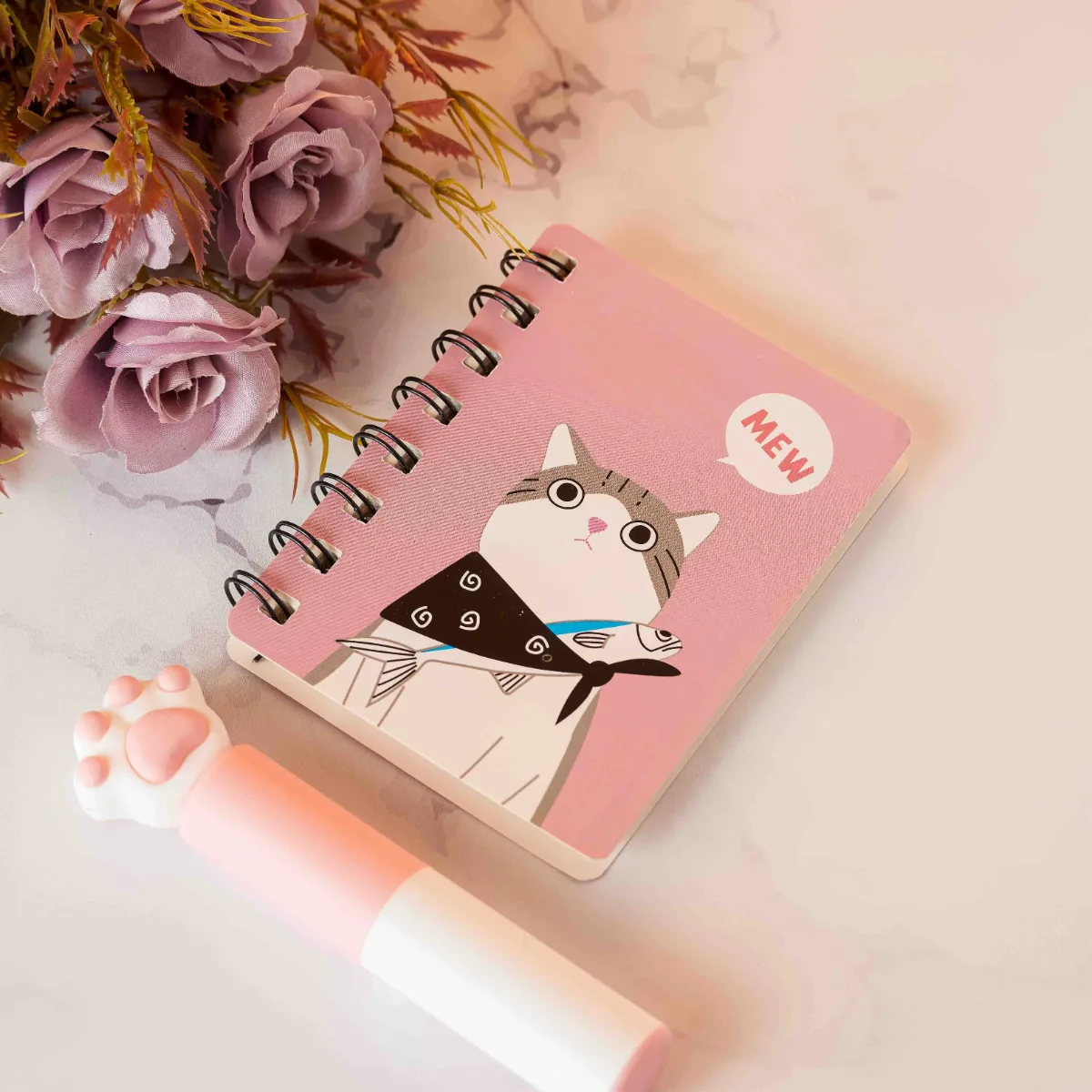 Libreta Espiral con Diseño de Gato Tamaño A7 20cm - Rosado