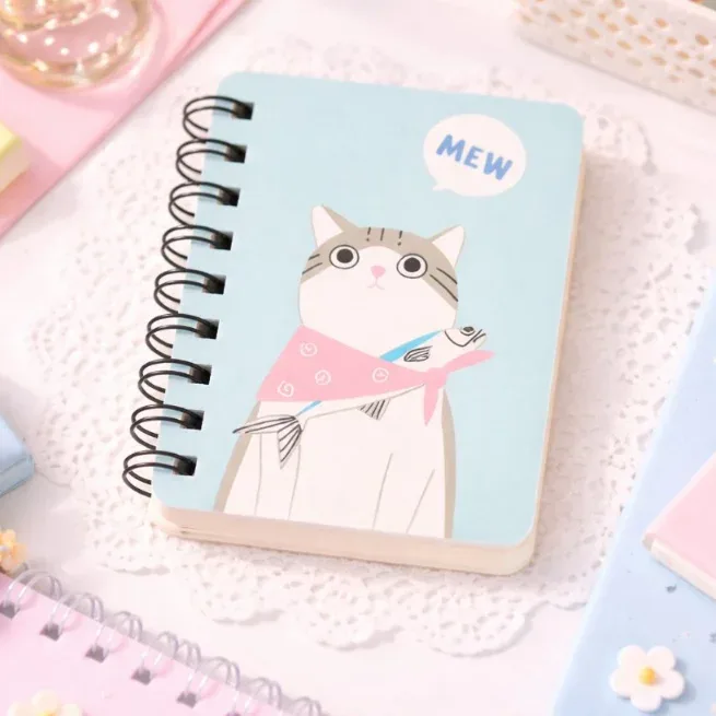 Libreta Espiral con Diseño de Gato Tamaño A7 20cm - Celeste
