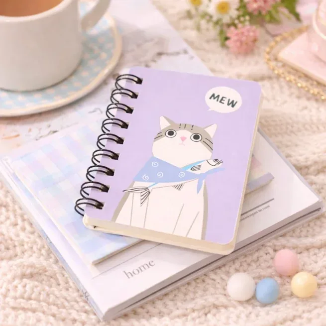 Libreta Espiral con Diseño de Gato Tamaño A7 20cm - Violeta